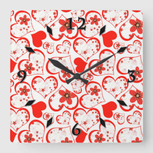 Reloj Cuadrado Corazones rojos y flores en blanco