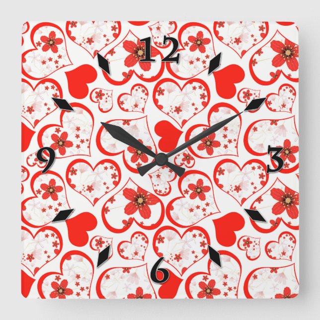 Reloj Cuadrado Corazones rojos y flores en blanco (Anverso)
