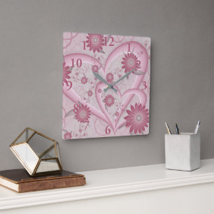 Reloj Cuadrado Corazones y flores abstractos rosados Arte fractal