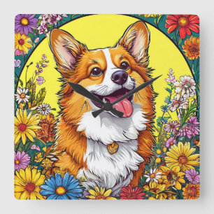 Reloj Cuadrado Corgi encantador rodeado de flores coloridas