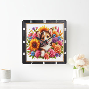Reloj Cuadrado Corgi Puppy Floral Garden