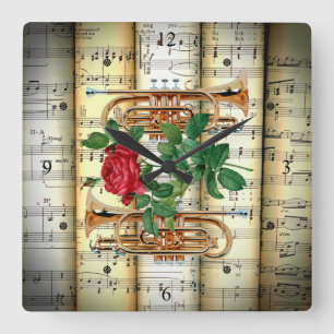 Reloj Cuadrado Cornets & Rosa ~ Rolling Sheet Music ~ Great Gift 