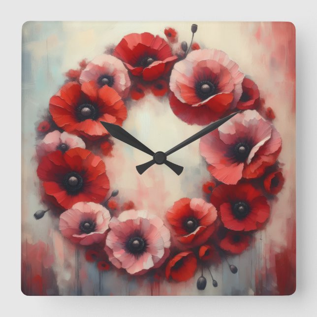 Reloj Cuadrado corona de flores de amapola (Anverso)