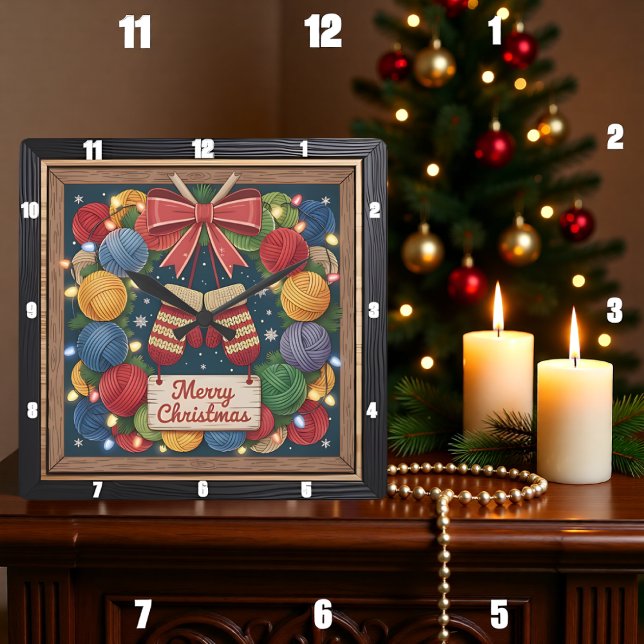 Reloj Cuadrado Corona de lana Tejiendo Feliz Navidad (Subido por el creador)