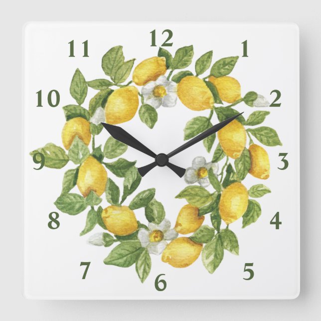 Reloj Cuadrado Corona de limones verde amarillo (Anverso)