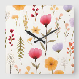 Reloj Cuadrado Corte de Vidrio con Patrón de Flores Silvestres Bo