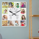 Reloj Cuadrado Cosas buenas ocurren en la foto blanca de la abuel<br><div class="desc">Reloj de fotos para abuelos con 12 de tus fotos favoritas. Crea tu propio collage de fotos de estilo de cuadrícula y agrega los nombres de los nietos (2 a 8 nombres se ven mejor). La cita dice "en la abuela ocurren cosas buenas". El diseño está escrito a mano en...</div>