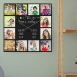Reloj Cuadrado Cosas buenas ocurren en la foto negra de la abuela<br><div class="desc">Reloj de fotos para abuelos con 12 de tus fotos favoritas. Crea tu propio collage de fotos de estilo de cuadrícula y agrega los nombres de los nietos (2 a 8 nombres se ven mejor). La cita dice "en la abuela ocurren cosas buenas". El diseño está escrito a mano en...</div>