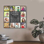 Reloj Cuadrado Cosas buenas ocurren en la madera gris de la foto<br><div class="desc">Reloj de fotos para abuelos con 12 de tus fotos favoritas. Crea tu propio collage de fotos de estilo de cuadrícula y agrega los nombres de los nietos (2 a 8 nombres se ven mejor). La cita dice "en la abuela ocurren cosas buenas". El diseño está escrito a mano en...</div>