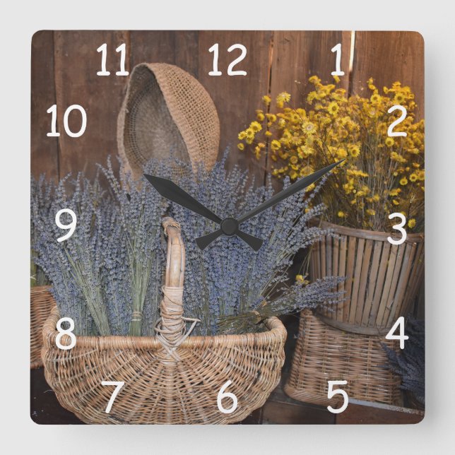 Reloj Cuadrado Cosecha Rústica de Lavanda (Anverso)