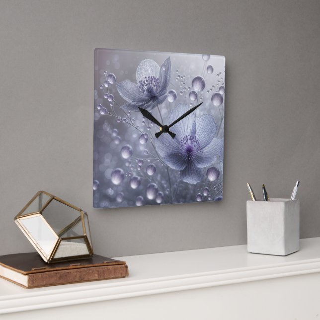 Reloj Cuadrado Cosmos violetas y gotas de dew (Oficina)