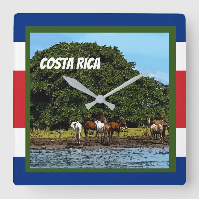 Reloj Cuadrado Costa Rica - Caballos a orillas del agua (Anverso)