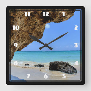 Reloj Cuadrado Costa Tropical de Playa con Roca Grande
