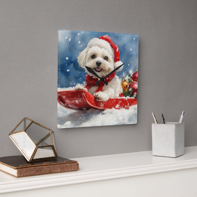 Reloj Cuadrado Coton De Tulear en Sledge Let it Snow Navidades (Oficina)