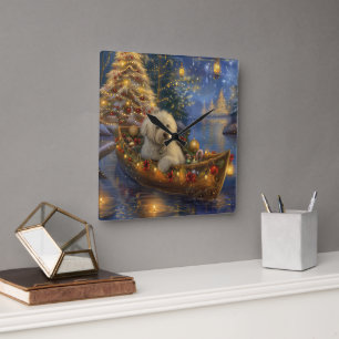 Reloj Cuadrado Coton De Tulear Viaje Festivo de Navidad