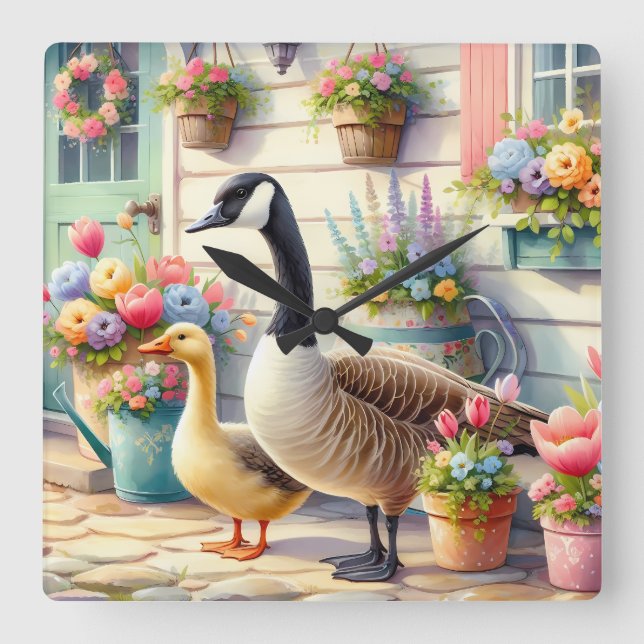 Reloj Cuadrado Cottage Garden Geese Spring Illustration (Anverso)