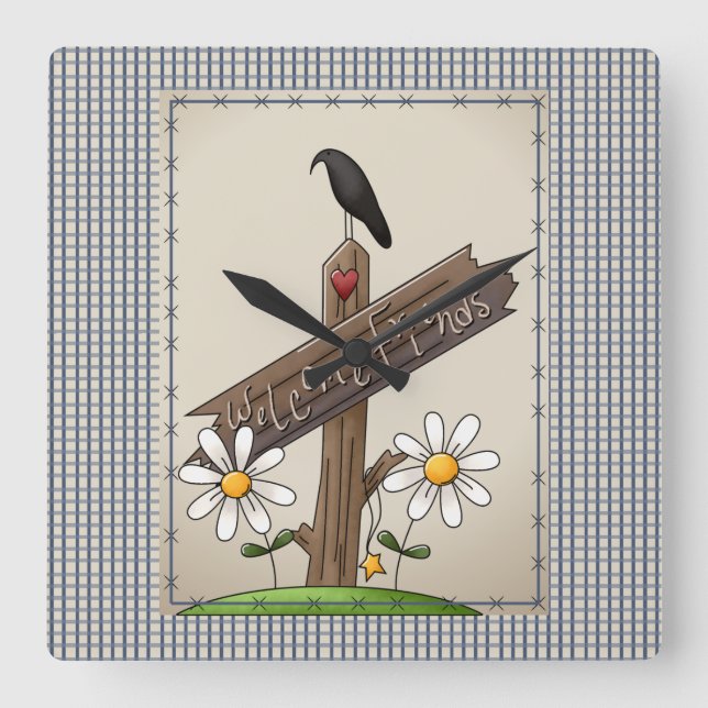 Reloj Cuadrado Country Blue Gingham Welcome Friends (Anverso)