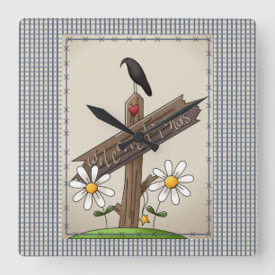 Reloj Cuadrado Country Blue Gingham Welcome Friends