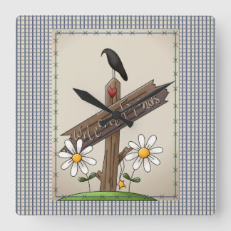 Reloj Cuadrado Country Blue Gingham Welcome Friends