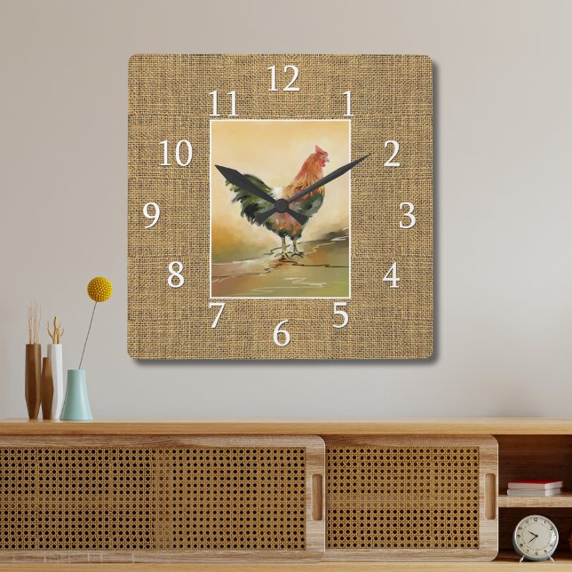 Reloj Cuadrado Country Farmhouse Rooster Rustic Burlap Jute (Subido por el creador)