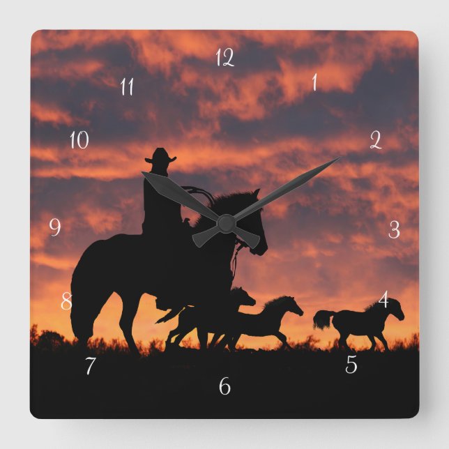 Reloj Cuadrado Country Western Cowboy Caballos salvajes (Anverso)