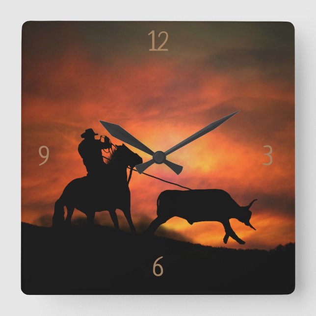 Reloj Cuadrado Country Western Steer Roping Long Horn Cowboy (Anverso)
