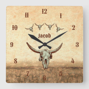 Reloj Cuadrado Cow Skull Brown País Occidental Estilo Rústico