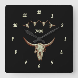 Reloj Cuadrado Cow Skull Marrón Negro País Occidental Estilo R