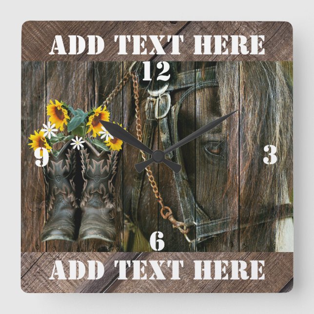 Reloj Cuadrado Cowboy Caballo Boots Girasoles Rústica Junta de Pa (Anverso)