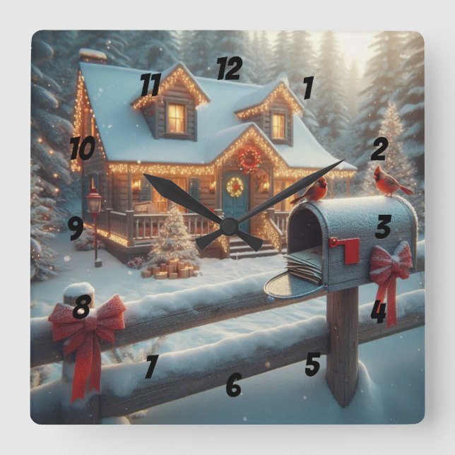 Reloj Cuadrado Cozy Christmas Cabin Winter Wonderland (Anverso)