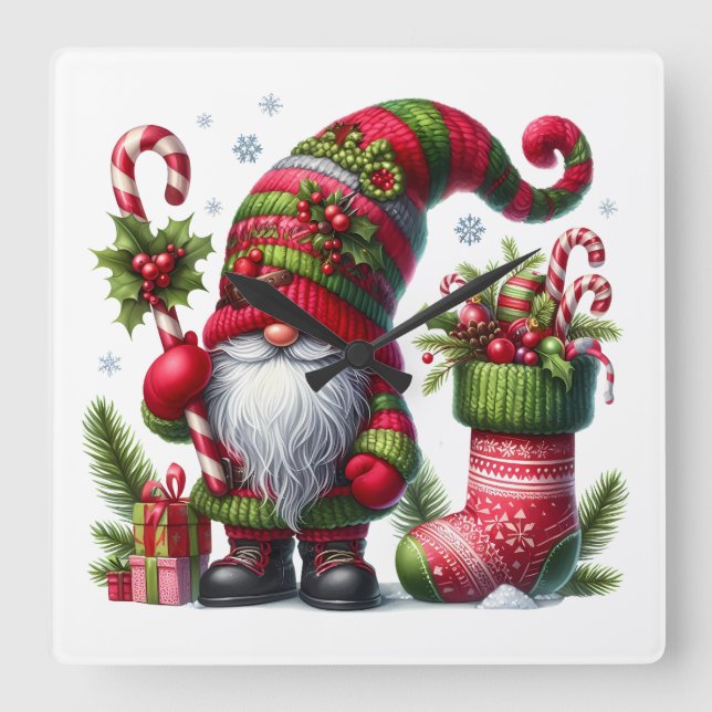 Reloj Cuadrado Cozy Christmas Gnome Art – Festive Holiday (Anverso)