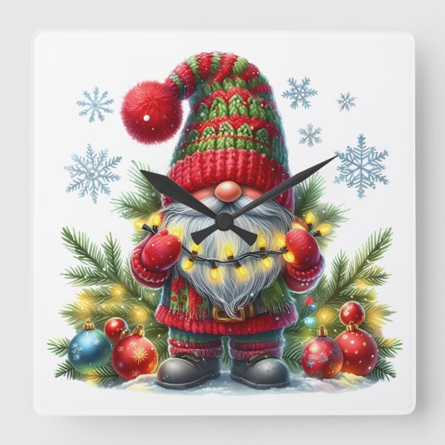 Reloj Cuadrado Cozy Christmas Gnome Art – Festive Holiday (Anverso)