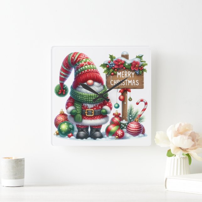 Reloj Cuadrado Cozy Christmas Gnome Art – Festive Holiday (Hogar)
