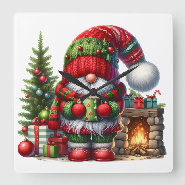 Reloj Cuadrado Cozy Christmas Gnome Art – Festive Holiday (Anverso)