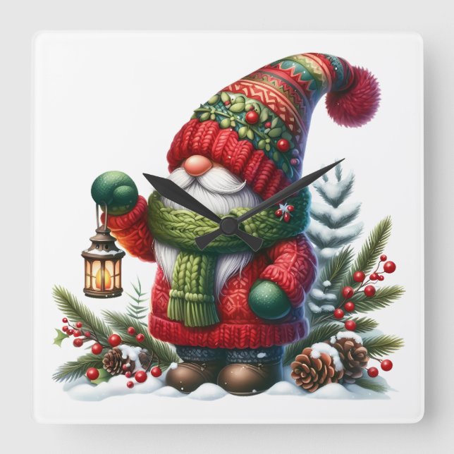 Reloj Cuadrado Cozy Christmas Gnome Art – Festive Holiday (Anverso)