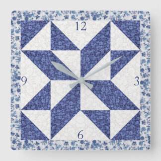 Reloj Cuadrado Cozy Country Blue White Calico Faux Quilt Square 