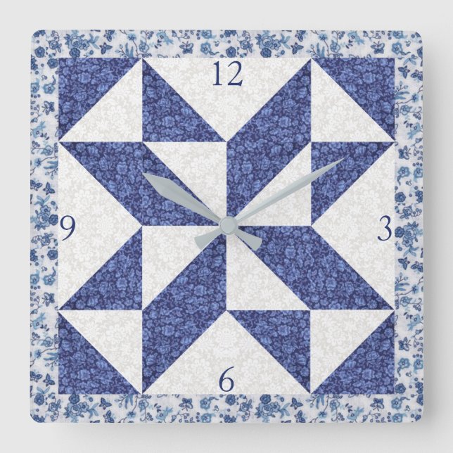 Reloj Cuadrado Cozy Country Blue White Calico Faux Quilt Square  (Anverso)