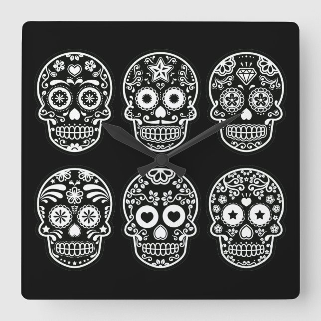 Reloj Cuadrado Cráneo blanco y negro del azúcar (Anverso)