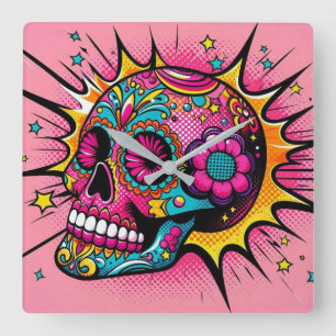 Reloj Cuadrado Cráneo de azúcar de arte pop