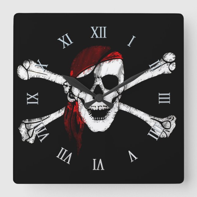 Reloj Cuadrado Cráneo y bandera pirata del pirata (Anverso)