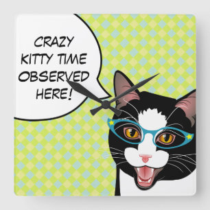 Reloj Cuadrado Crazy Kitty Time Kitchen Cat Clock