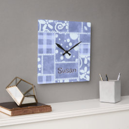 Reloj Cuadrado Crazy Quilt Blue Gingham Floral Personalized 