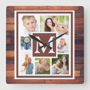 Reloj Cuadrado Crea tu collage de fotos Monograma de madera rústi