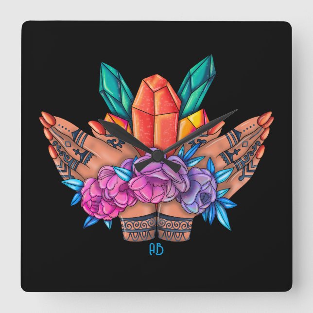 Reloj Cuadrado Crea tu propia Henna Manos Cristales y Rosas (Anverso)
