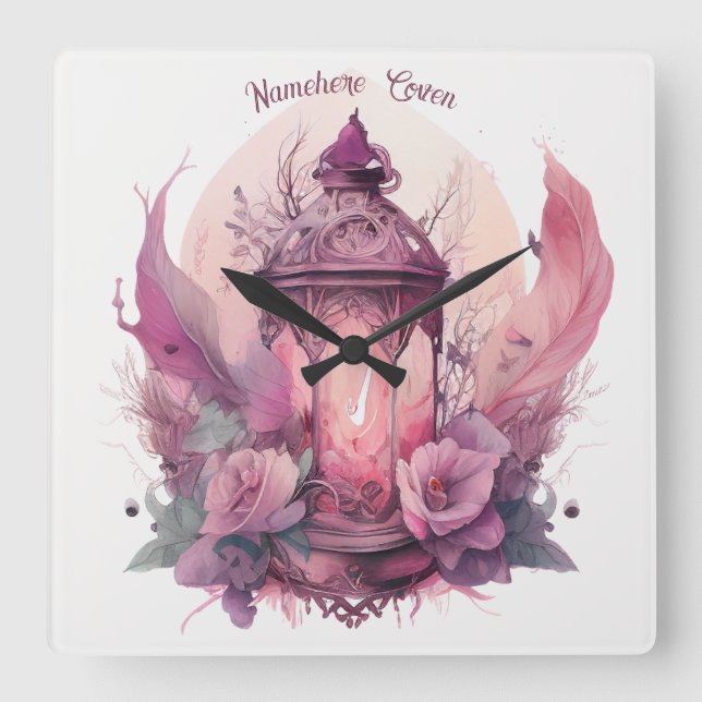 Reloj Cuadrado Crea tu propia linterna rosada y Rosas (Anverso)