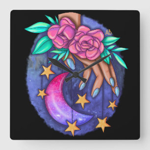 Reloj Cuadrado Crea tu propia luna, estrellas, mano de Rosas