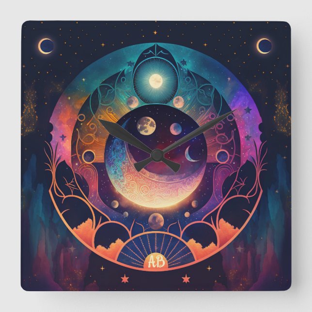 Reloj Cuadrado Crea tu propia luna mística de arco iris creciente (Anverso)