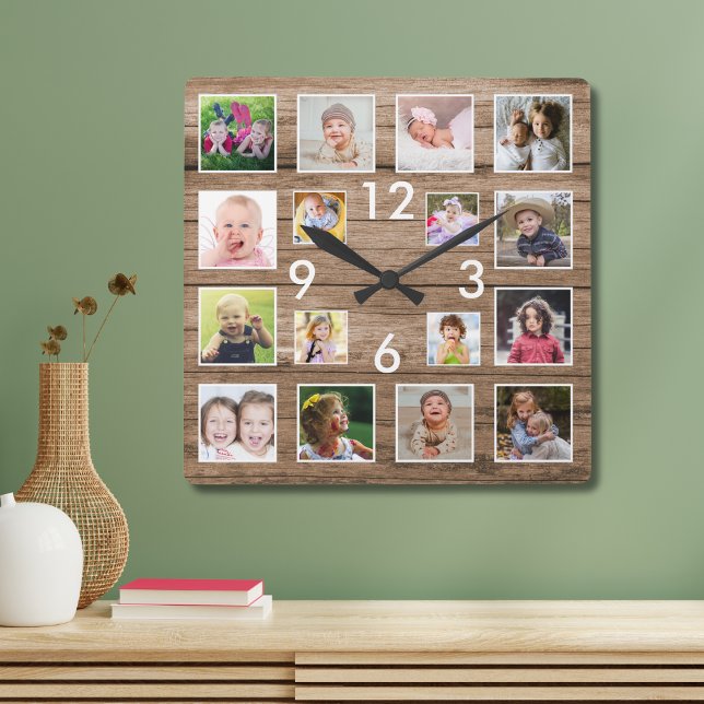 Reloj Cuadrado Crea tu propia madera de Collage de fotos familiar (Create Your Own 16 Family Photo Collage Wood Square Wall Clock
)