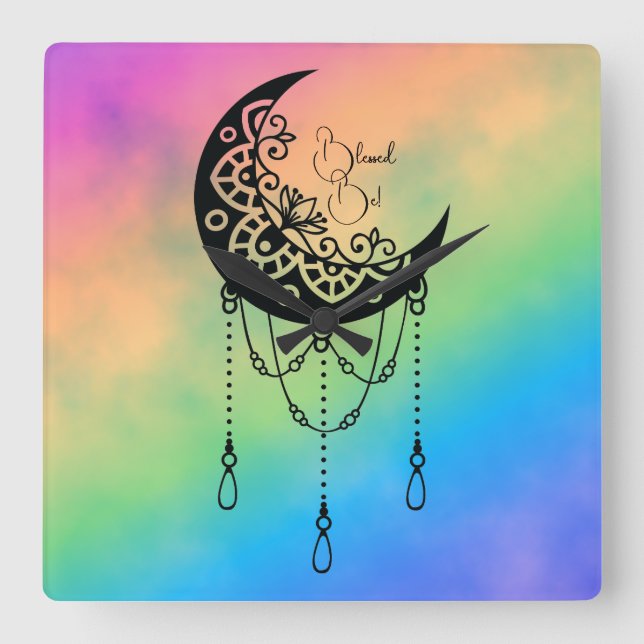 Reloj Cuadrado Crea tu propia silueta de boho leafy Moon (Anverso)