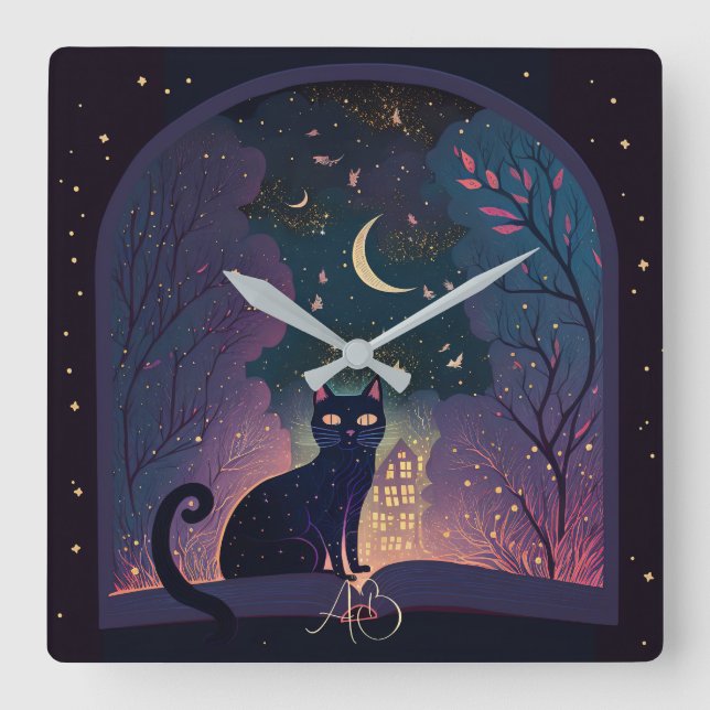 Reloj Cuadrado Crea tu propia ventana mágica de gato negro místic (Anverso)